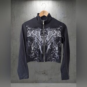 SHEIN Black Graphic Zip-Up Cropped Jacket